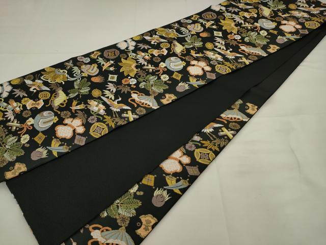 平和屋着物●六通柄袋帯　唐織　飛鶴宝尽くし　黒地　金糸　正絹　逸品　AABJ6986pf