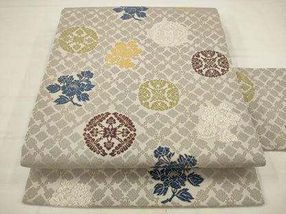 平和屋着物●九寸名古屋帯　唐織　草花丸文　正絹　逸品　AABJ6987pf