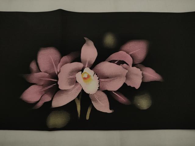 平和屋着物●塩瀬　九寸名古屋帯　ろうけつ染め　草花文　黒地　正絹　逸品　AABJ6997pf