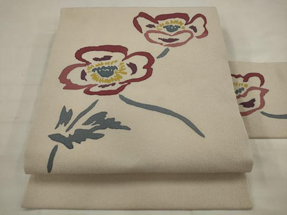 平和屋着物●染色家　佐野猛夫　九寸名古屋帯　草花文　鬼しぼ縮緬　正絹　逸品　AABJ7006pf