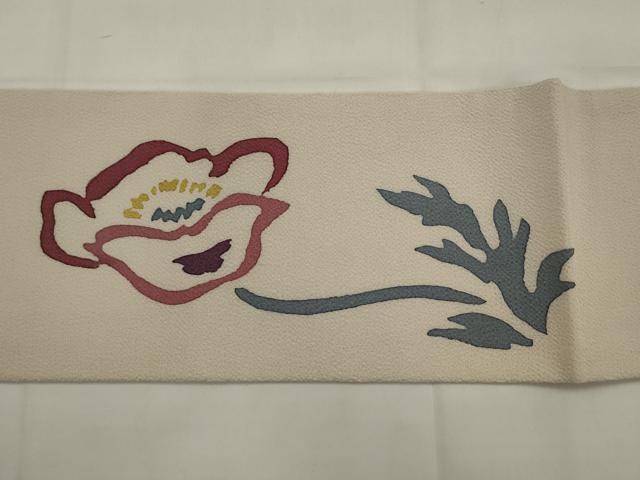 平和屋着物●染色家　佐野猛夫　九寸名古屋帯　草花文　鬼しぼ縮緬　正絹　逸品　AABJ7006pf