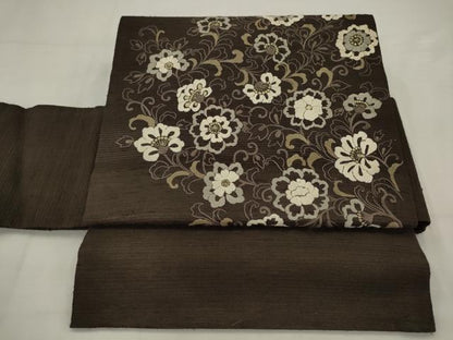 平和屋着物●ワンタッチつけ帯　紬地　総刺繍　草花文　金糸　正絹　逸品　AABJ7016pf
