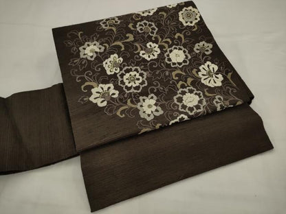 平和屋着物●ワンタッチつけ帯　紬地　総刺繍　草花文　金糸　正絹　逸品　AABJ7016pf