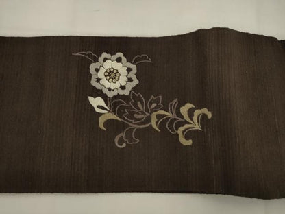平和屋着物●ワンタッチつけ帯　紬地　総刺繍　草花文　金糸　正絹　逸品　AABJ7016pf