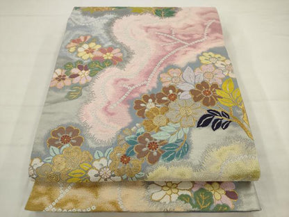 平和屋着物●六通柄袋帯　草花文　金糸　正絹　逸品　AABJ7021pf