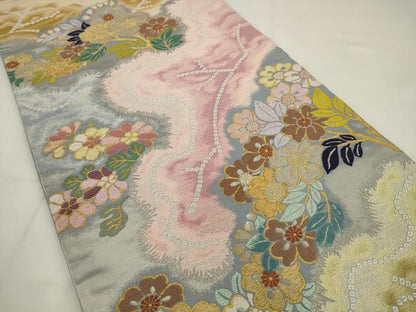 平和屋着物●六通柄袋帯　草花文　金糸　正絹　逸品　AABJ7021pf