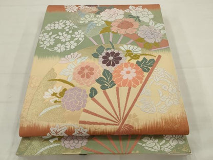 平和屋着物●六通柄袋帯　唐織錦　扇面秀花文　金糸　正絹　逸品　AABJ7023pf