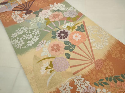 平和屋着物●六通柄袋帯　唐織錦　扇面秀花文　金糸　正絹　逸品　AABJ7023pf