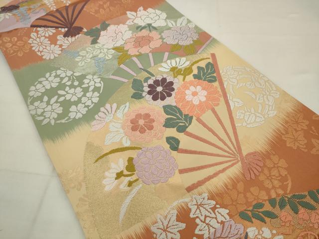 平和屋着物●六通柄袋帯　唐織錦　扇面秀花文　金糸　正絹　逸品　AABJ7023pf