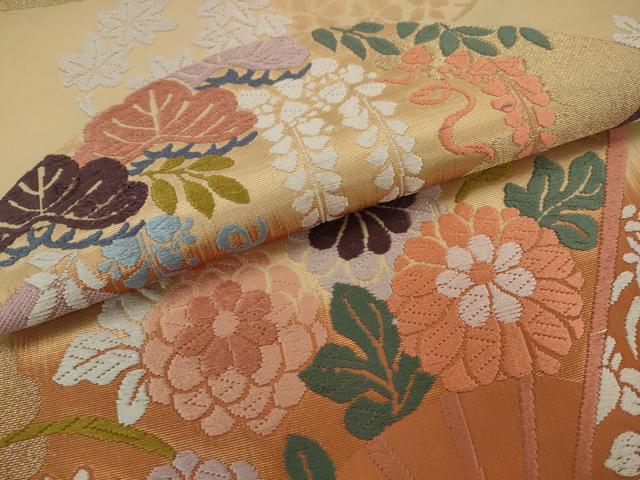 平和屋着物●六通柄袋帯　唐織錦　扇面秀花文　金糸　正絹　逸品　AABJ7023pf
