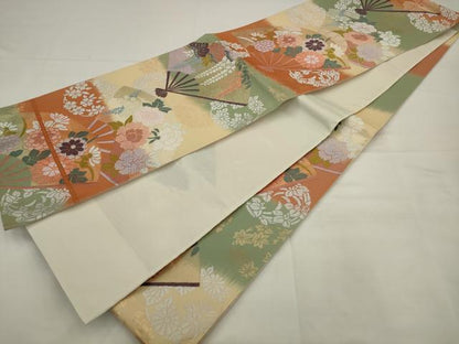 平和屋着物●六通柄袋帯　唐織錦　扇面秀花文　金糸　正絹　逸品　AABJ7023pf