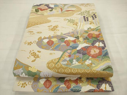 平和屋着物●六通柄袋帯　唐織　流水草花文　金糸　正絹　逸品　AABJ7024pf