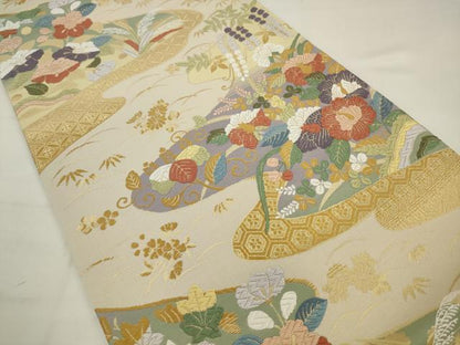 平和屋着物●六通柄袋帯　唐織　流水草花文　金糸　正絹　逸品　AABJ7024pf