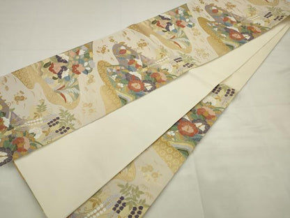 平和屋着物●六通柄袋帯　唐織　流水草花文　金糸　正絹　逸品　AABJ7024pf