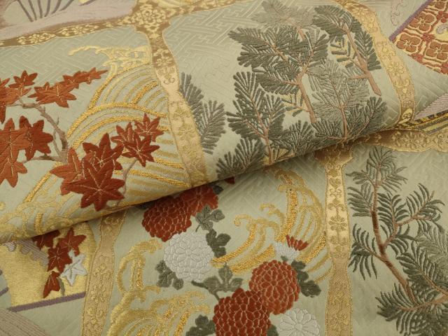 平和屋着物●六通柄袋帯　唐織　風景花文　金糸　正絹　逸品　AABJ7027pf