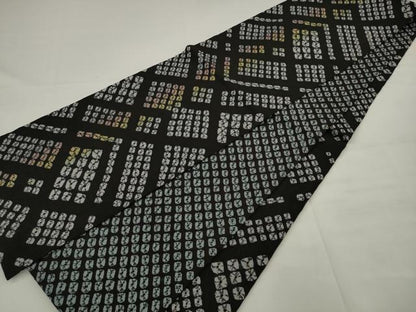 平和屋着物●両面全通柄袋帯　雲絞り　幾何学文様　黒地　正絹　逸品　AABJ7031pf