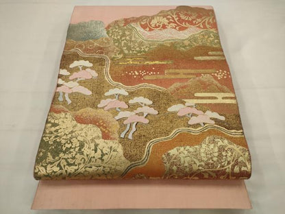 平和屋着物●太鼓柄袋帯　紬地　駒刺繍　風景文　金銀彩　正絹　逸品　AABJ7034pf