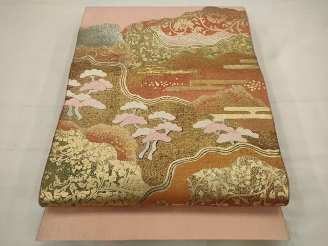 平和屋着物●太鼓柄袋帯　紬地　駒刺繍　風景文　金銀彩　正絹　逸品　AABJ7034pf