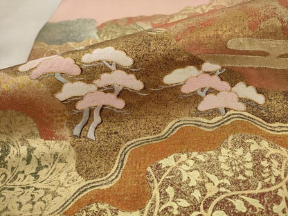 平和屋着物●太鼓柄袋帯　紬地　駒刺繍　風景文　金銀彩　正絹　逸品　AABJ7034pf