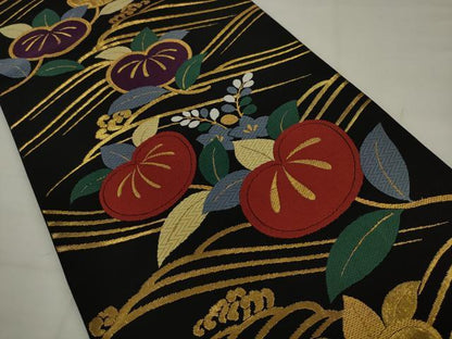 平和屋着物●六通柄袋帯　唐織　立波花文　黒地　金糸　正絹　逸品　AABJ7045pf
