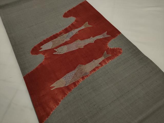 平和屋着物●中国三大刺繍　汕頭刺繍　スワトウ刺繍　太鼓柄袋帯　紬地　絞り　魚　正絹　逸品　AABJ7046pf