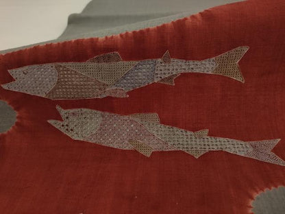 平和屋着物●中国三大刺繍　汕頭刺繍　スワトウ刺繍　太鼓柄袋帯　紬地　絞り　魚　正絹　逸品　AABJ7046pf