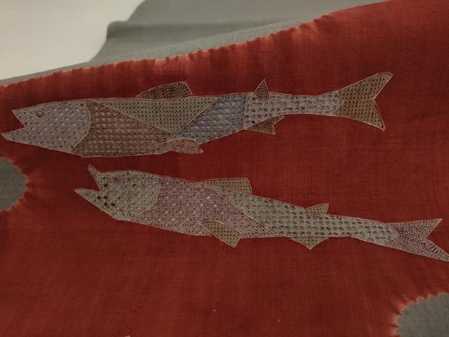 平和屋着物●中国三大刺繍　汕頭刺繍　スワトウ刺繍　太鼓柄袋帯　紬地　絞り　魚　正絹　逸品　AABJ7046pf