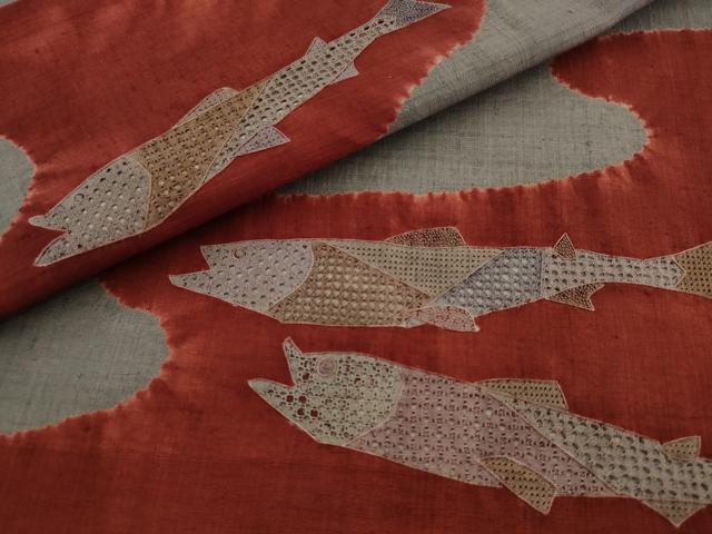 平和屋着物●中国三大刺繍　汕頭刺繍　スワトウ刺繍　太鼓柄袋帯　紬地　絞り　魚　正絹　逸品　AABJ7046pf