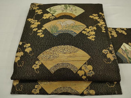 平和屋着物●九寸名古屋帯 地紙草花文 跳び兎 金銀糸 正絹 逸品 AABJ7050pf