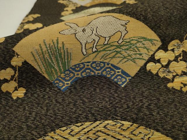 平和屋着物●九寸名古屋帯 地紙草花文 跳び兎 金銀糸 正絹 逸品 AABJ7050pf