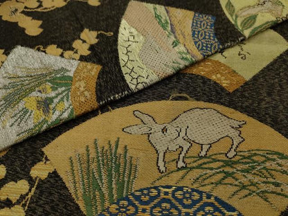 平和屋着物●九寸名古屋帯 地紙草花文 跳び兎 金銀糸 正絹 逸品 AABJ7050pf