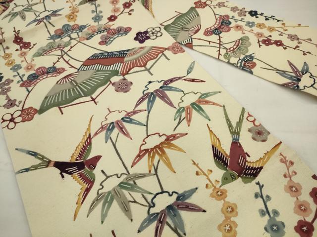 平和屋着物●九寸名古屋帯 紅型 花鳥文 正絹 逸品 AABJ7059pf