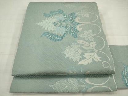 平和屋着物●九寸名古屋帯　草花文　銀糸　正絹　逸品　AABJ7063pf
