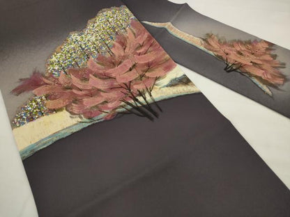 平和屋着物●中嶋博司　塩瀬　九寸名古屋帯　手描き　風景文　金彩　正絹　逸品　AABJ7078pf