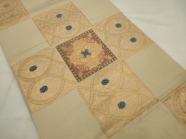 平和屋着物●洛風林　工芸帯地　全通柄　本袋帯　市松洋花文　金糸　正絹　逸品　AABJ7080pf