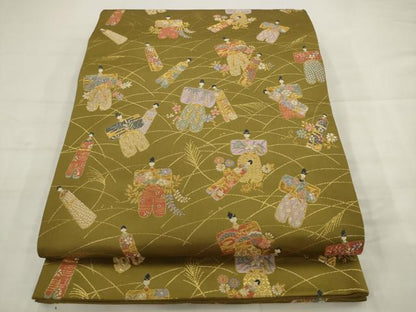 平和屋着物●六通柄袋帯　人物風景文　金糸　正絹　逸品　AABJ7081pf