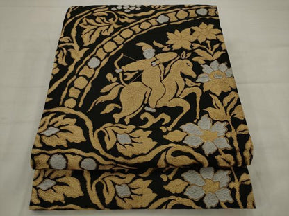 平和屋着物●全通柄袋帯　狩猟文　黒地　金糸　正絹　逸品　AABJ7085pf