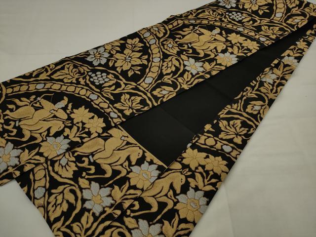 平和屋着物●全通柄袋帯　狩猟文　黒地　金糸　正絹　逸品　AABJ7085pf