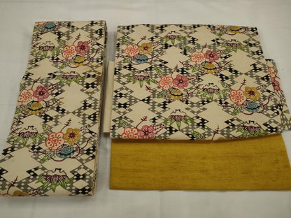平和屋着物●つけ帯　紬地　型染め　草花文　正絹　逸品　AABJ7086pf