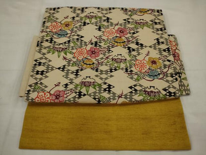 平和屋着物●つけ帯　紬地　型染め　草花文　正絹　逸品　AABJ7086pf