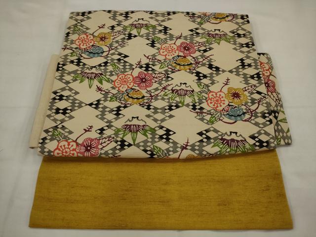 平和屋着物●つけ帯　紬地　型染め　草花文　正絹　逸品　AABJ7086pf