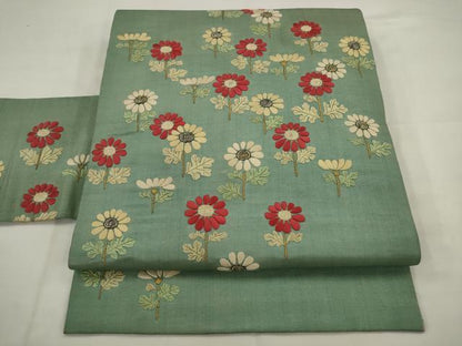 平和屋着物●アンティーク　大正ロマン　九寸名古屋帯　総手刺繍　草花文　金糸　正絹　逸品　AABJ7087pf