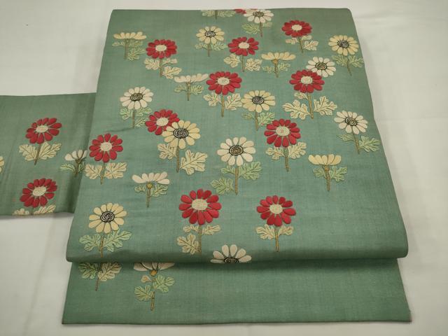 平和屋着物●アンティーク　大正ロマン　九寸名古屋帯　総手刺繍　草花文　金糸　正絹　逸品　AABJ7087pf