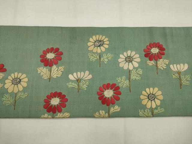 平和屋着物●アンティーク　大正ロマン　九寸名古屋帯　総手刺繍　草花文　金糸　正絹　逸品　AABJ7087pf