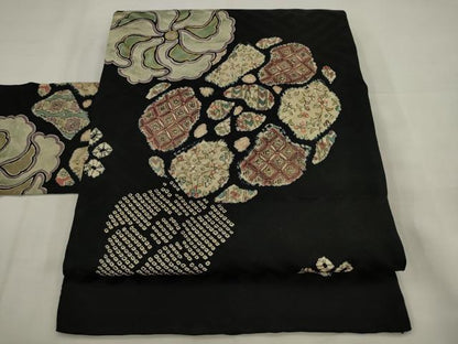 平和屋着物●アンティーク　大正ロマン　九寸名古屋帯　絞り　刺繍　草花文　黒地　正絹　逸品　AABJ7088pf