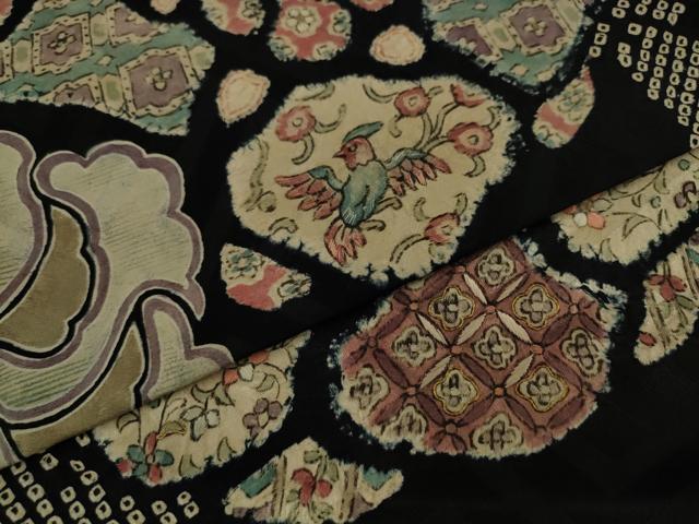 平和屋着物●アンティーク　大正ロマン　九寸名古屋帯　絞り　刺繍　草花文　黒地　正絹　逸品　AABJ7088pf