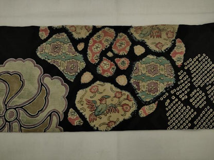 平和屋着物●アンティーク　大正ロマン　九寸名古屋帯　絞り　刺繍　草花文　黒地　正絹　逸品　AABJ7088pf