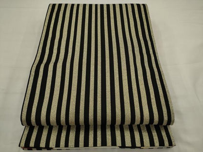 平和屋着物●両面六通柄袋帯　椿　縞　金糸　正絹　逸品　AABJ7091pf