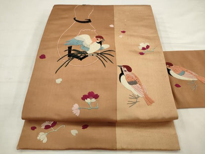 平和屋着物●アンティーク　大正ロマン　九寸名古屋帯　総手刺繍　雀　正絹　逸品　AABJ7101pf