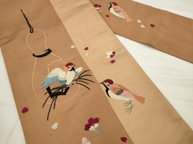 平和屋着物●アンティーク　大正ロマン　九寸名古屋帯　総手刺繍　雀　正絹　逸品　AABJ7101pf